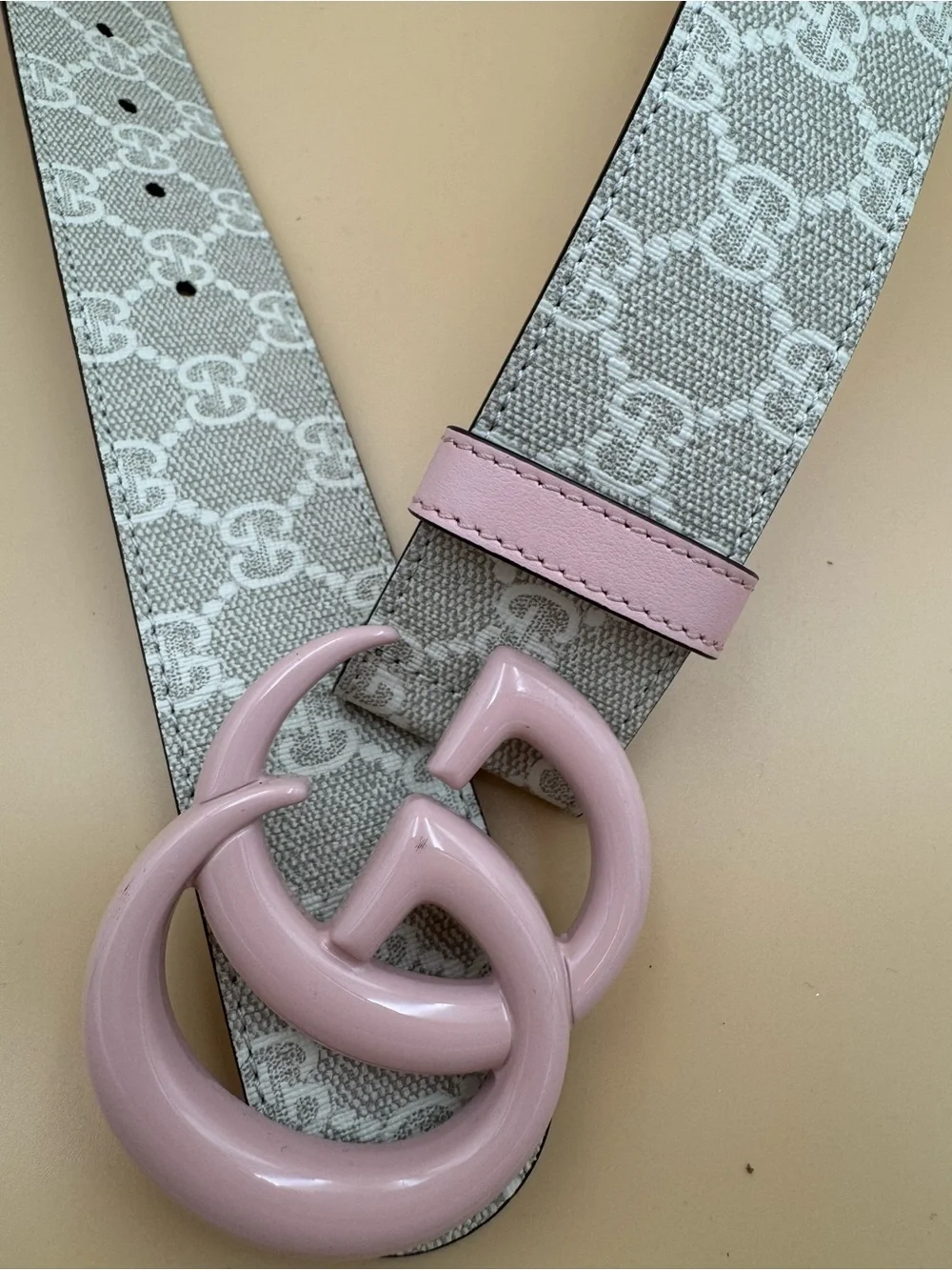 Gucci GG Marmont Pink Double G Belt Beige GG Supreme Canvas Pink Leather  110